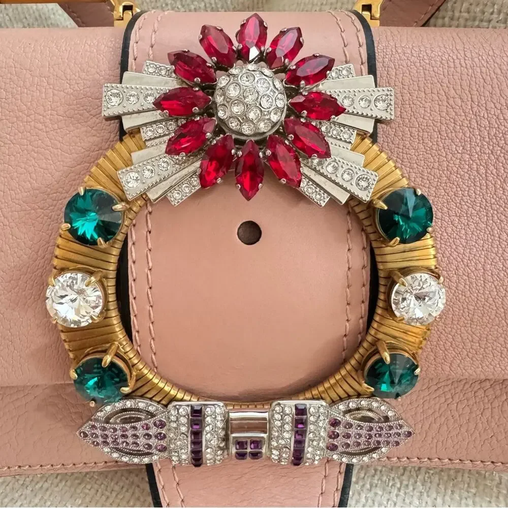 RARE Miu Miu Crystal Embellished Crossbody Bag Pink Leather with Multicolor